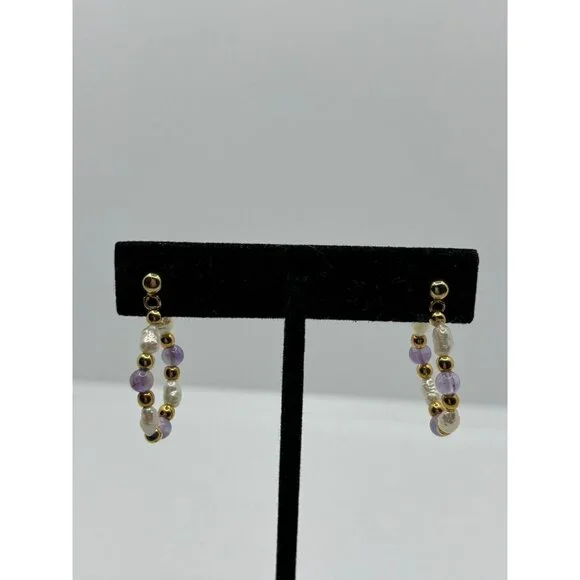Vintage Lee Sands Cultured Freshwater Pearl Earrings Purple‎ Gold Tone Hoops - Picture 6 of 6